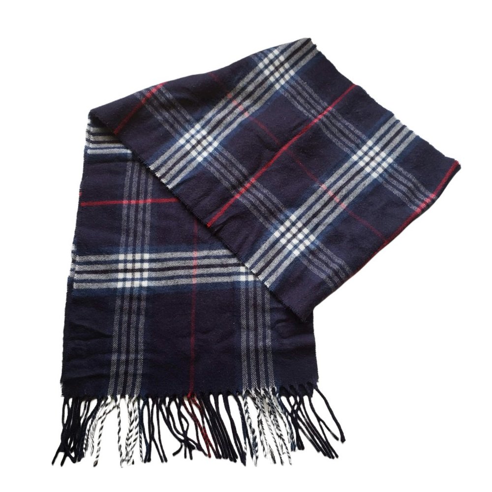 Made Scotland Blue Plaid Acrylic Fringe Rectangle Scarf 11 x 62